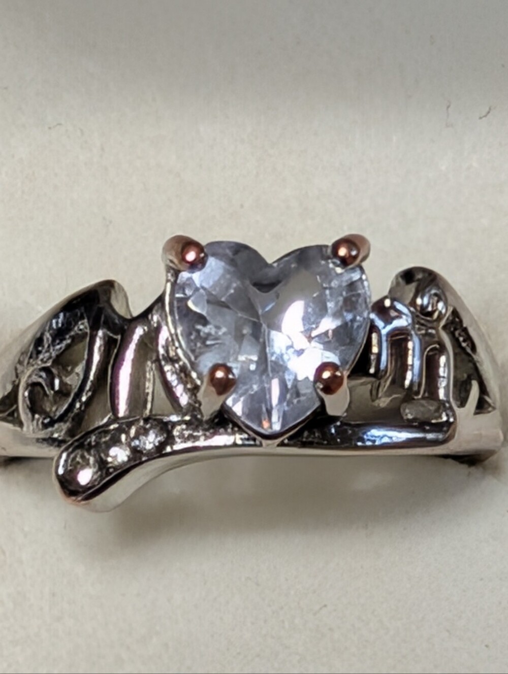 Silver Mom CZ Heart Ring